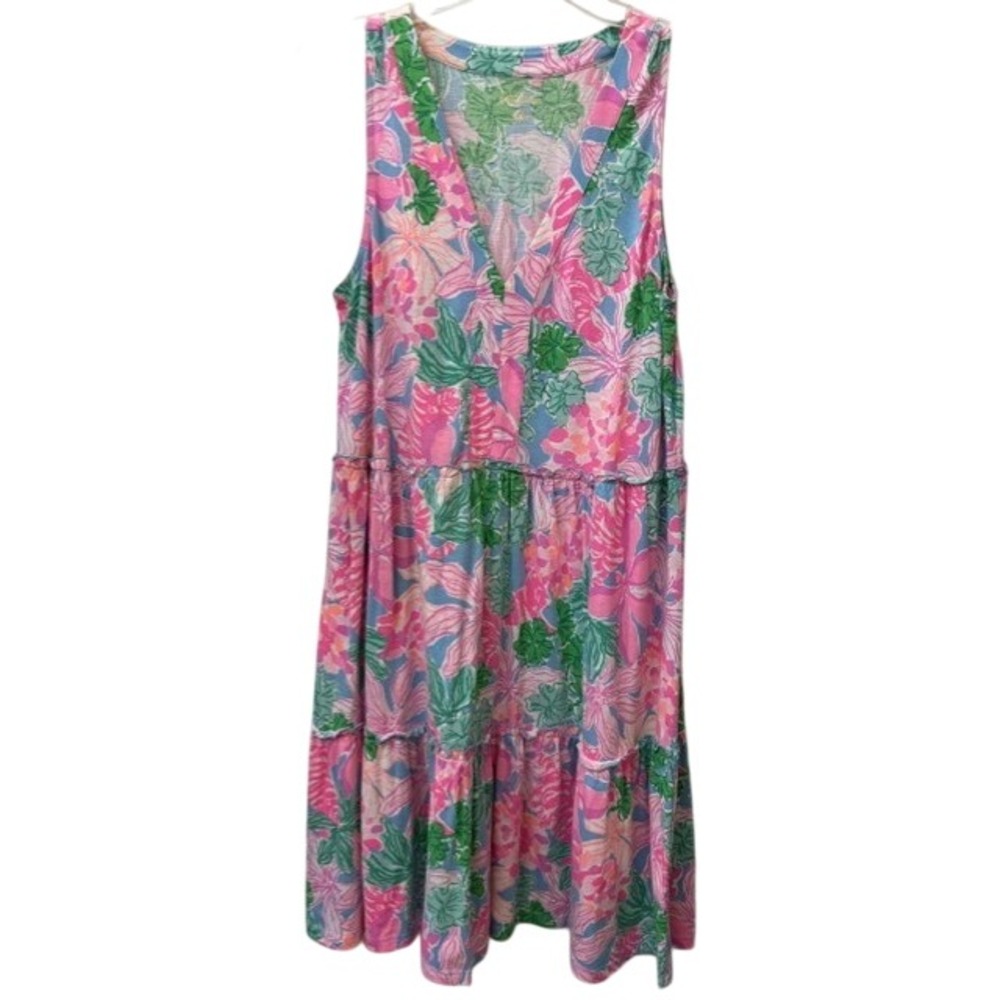 Lilly Pulitzer Pink Green Blue Floral Tiered V-Neck Sleeveless Knit Dress M